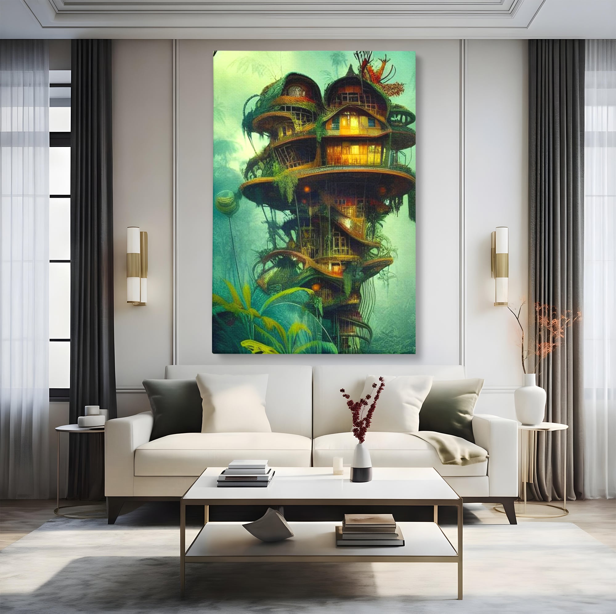 Tablou canvas cu ilustratie digitala cu turn in copac, fara rama, pe sasiu de lemn, pe perete intr-un living